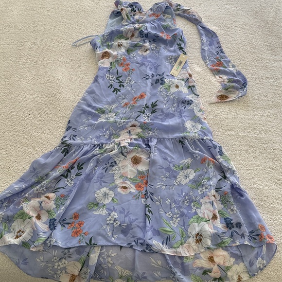 Eliza J floral Midi dress Blue Floral Print Chiffon Belted High Bow Tie Neck Sz8 - Picture 3 of 15